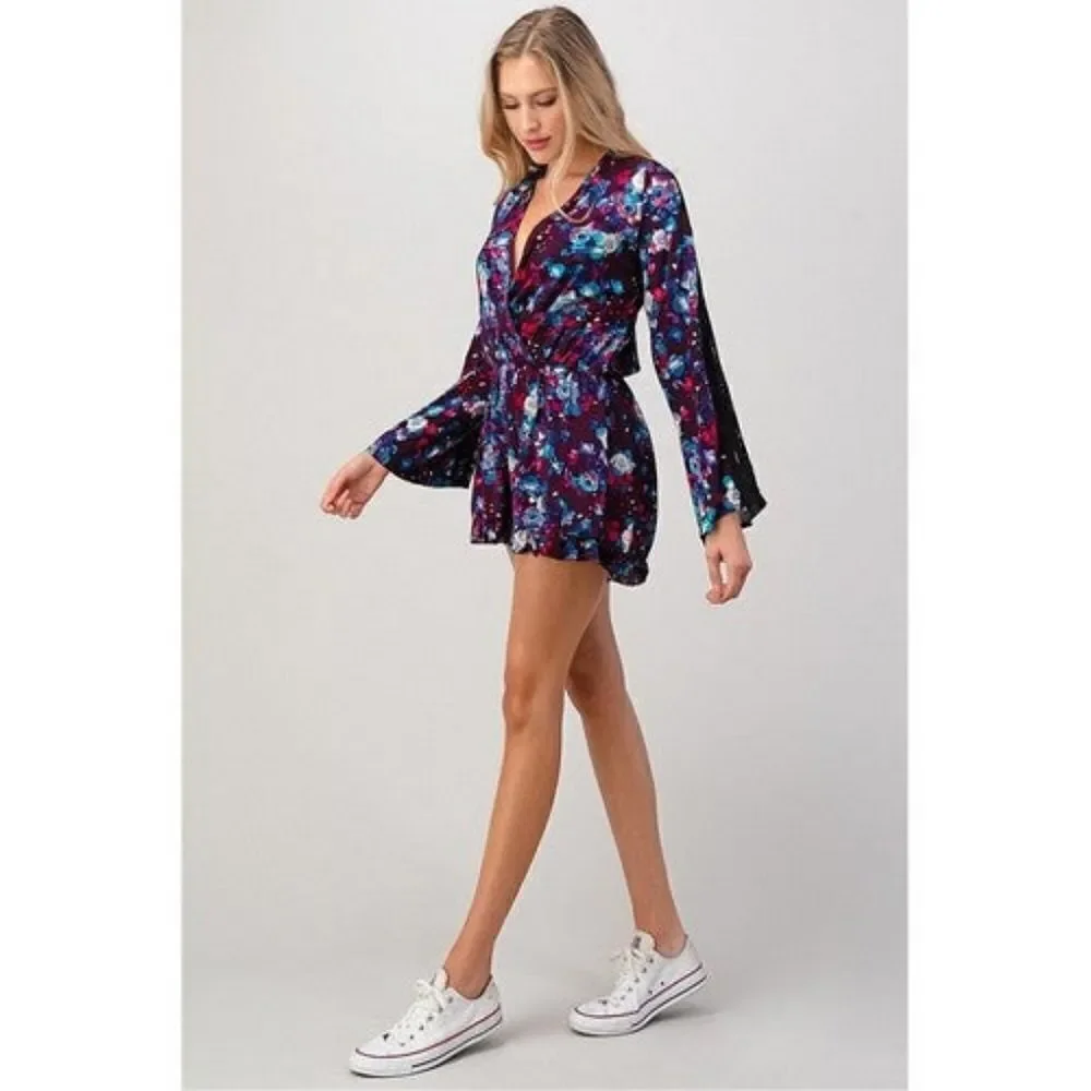Paper Moon Floral Lace-Insert Bell Sleeve Romper Purple